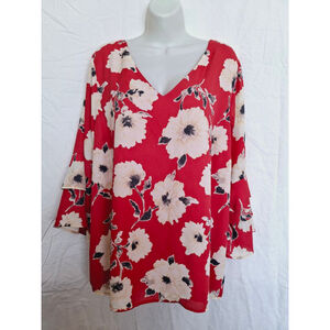 BSkies Are Blue 2X, Red flowy bell sleeve v neck floral blouse